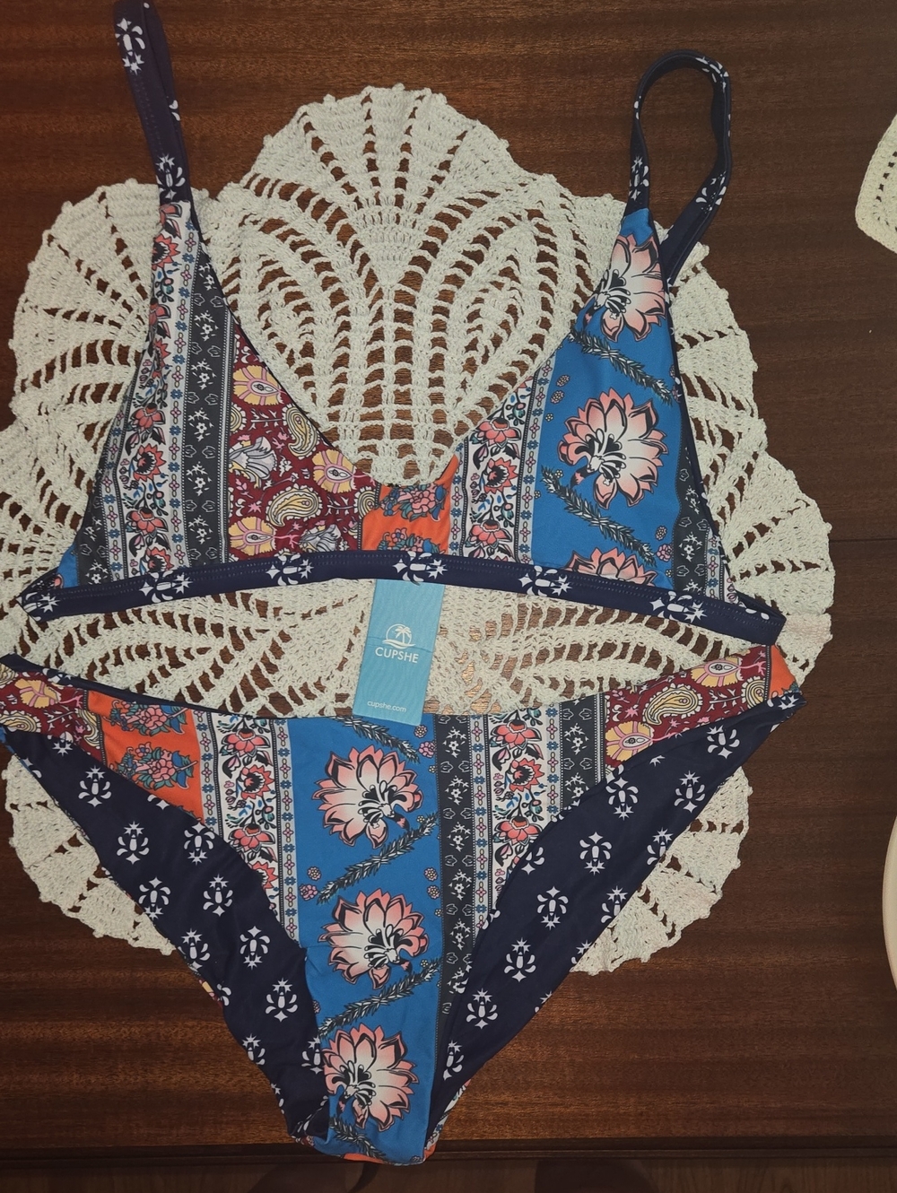 Cupshe Navy and Blue Floral Patchwork Bikini Set
